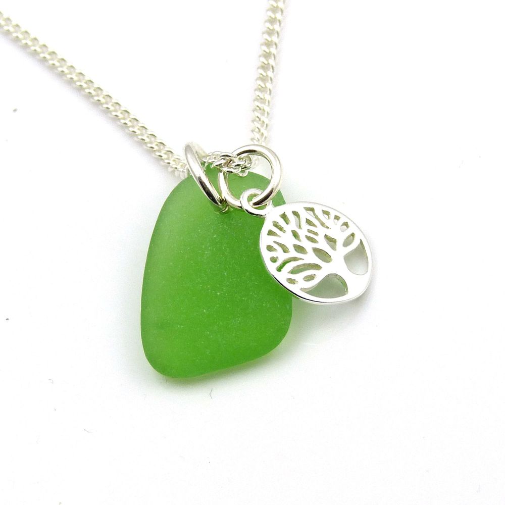 Emerald Green Sea Glass and Sterling Silver Tree of Life Charm Necklace