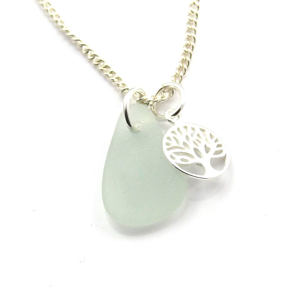 Lemonade Sea Glass and Sterling Silver Tree of Life Charm Necklace