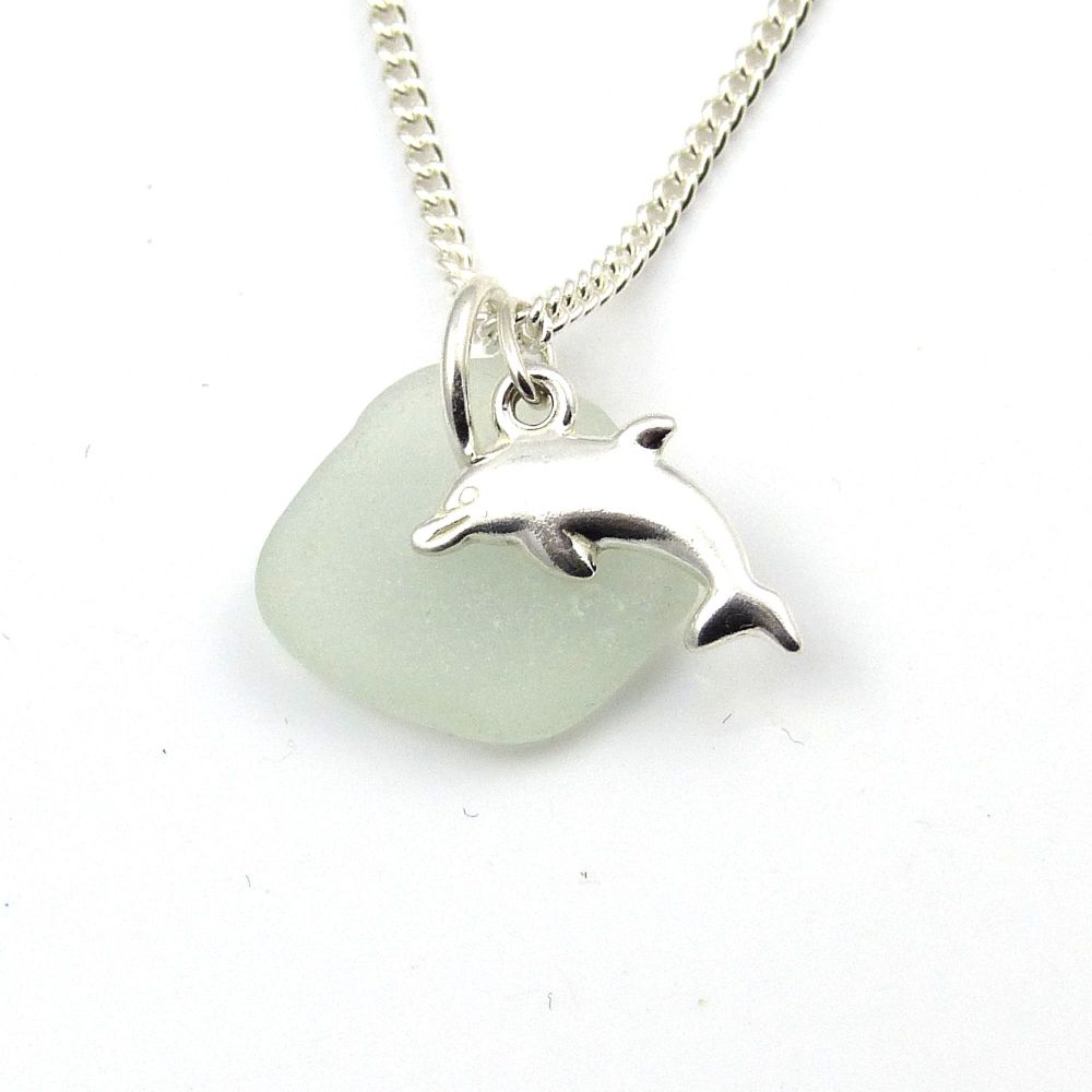 Seamist Sea Glass and Sterling Silver Dolphin Charm Necklace