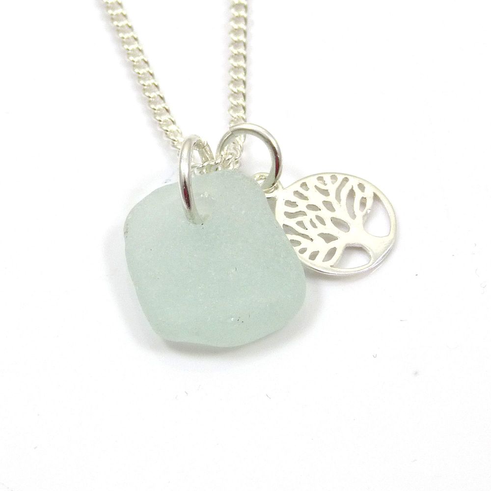 Seafoam Sea Glass and Sterling Silver Tree of Life Charm Necklace