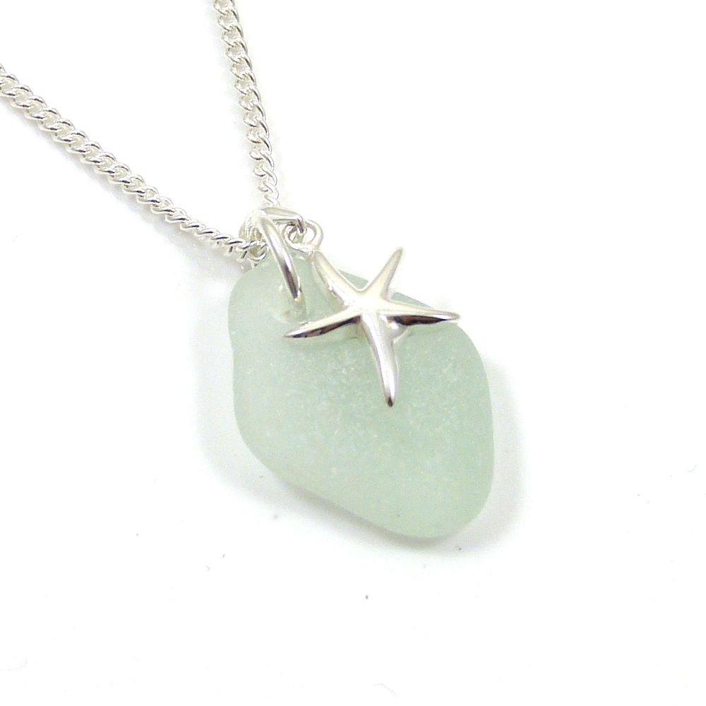 Seafoam Sea Glass and Sterling Silver Starfish Necklace