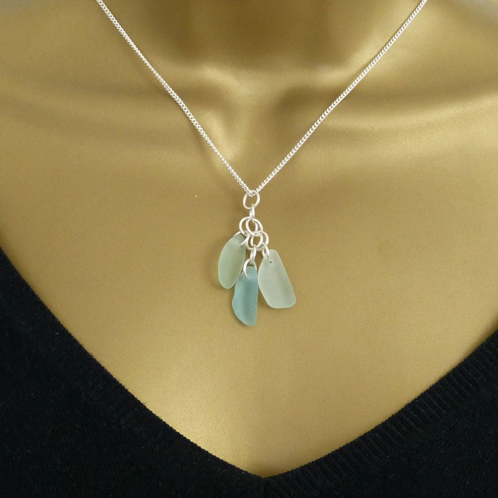 Shades of Blue Sea Glass and Sterling Silver Cluster Necklace 