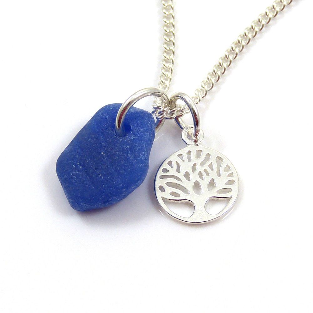 Cobalt Blue Sea Glass and Sterling Silver Tree of Life Charm Necklace