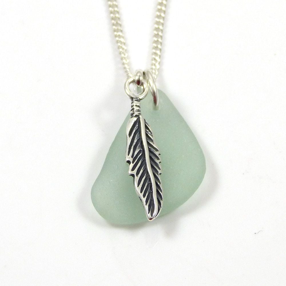 Seafoam Sea Glass and Sterling Silver Feather Necklace