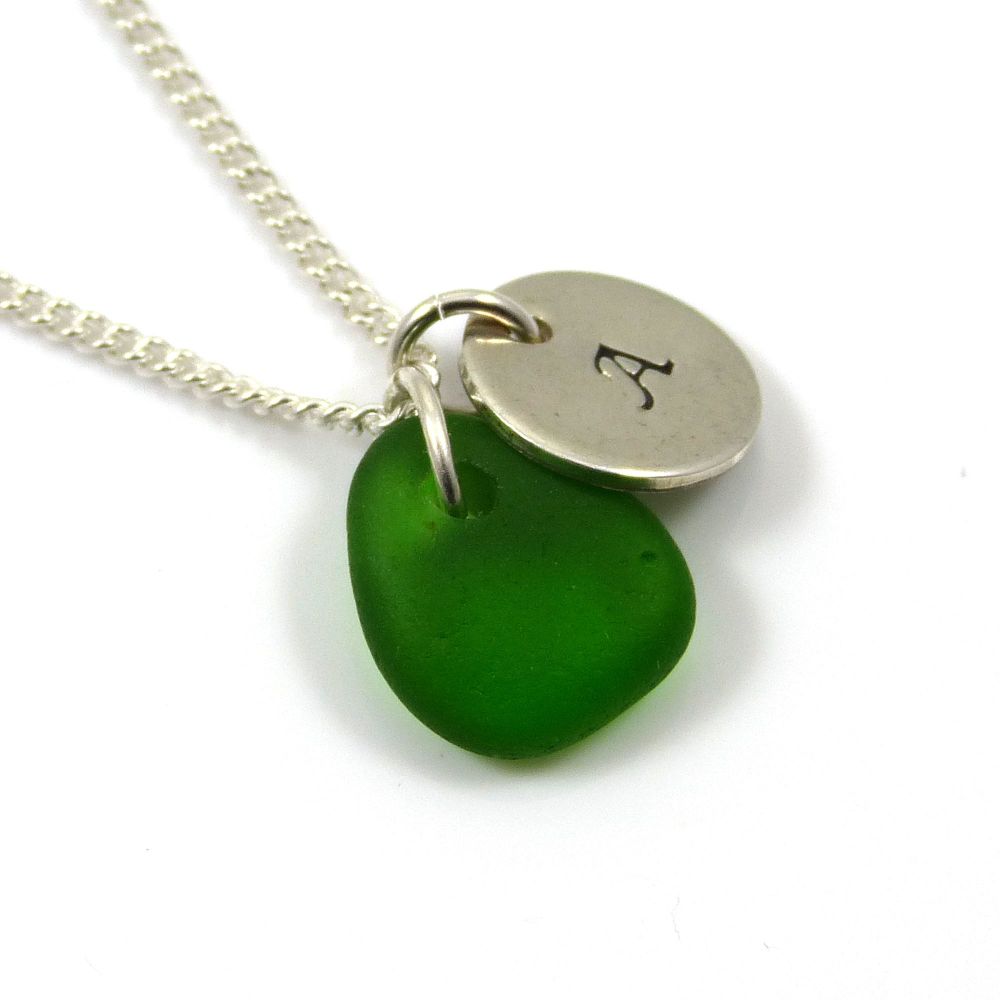 Kelly Green Sea Glass and Sterling Silver Initial Disc Necklace