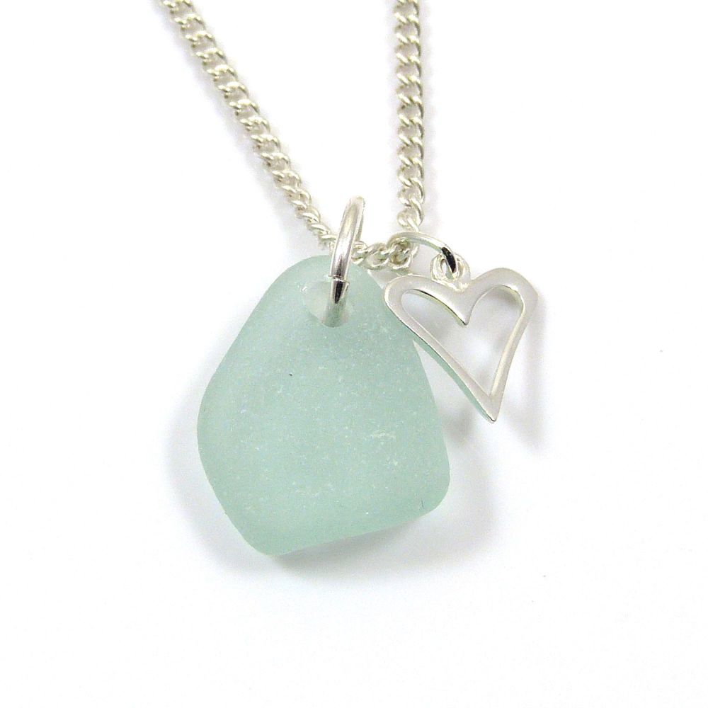 Pale Blue Sea Glass and Sterling Silver Open Heart Charm Necklace