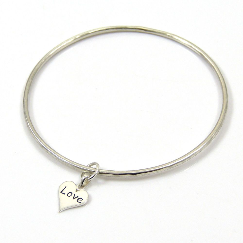 Sterling Silver Hammered Bangle with Love Heart Charm