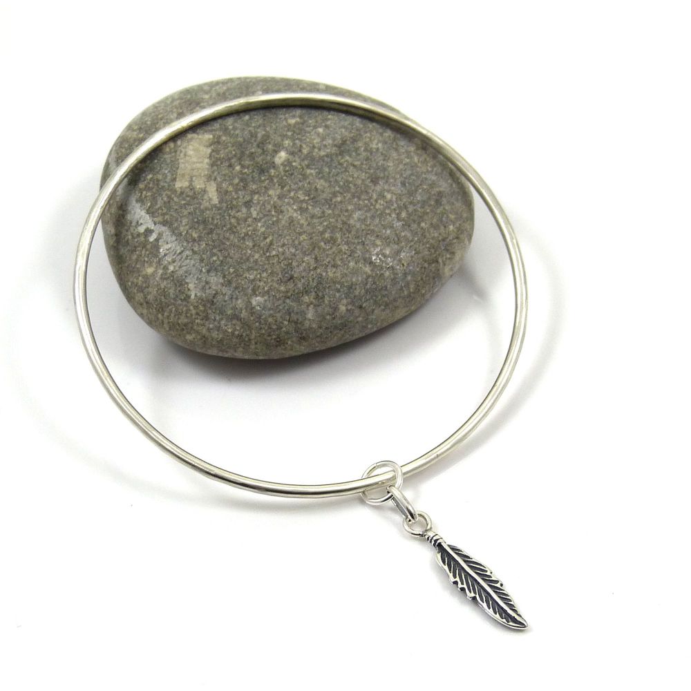 Sterling Silver Hammered Bangle with Feather Charm