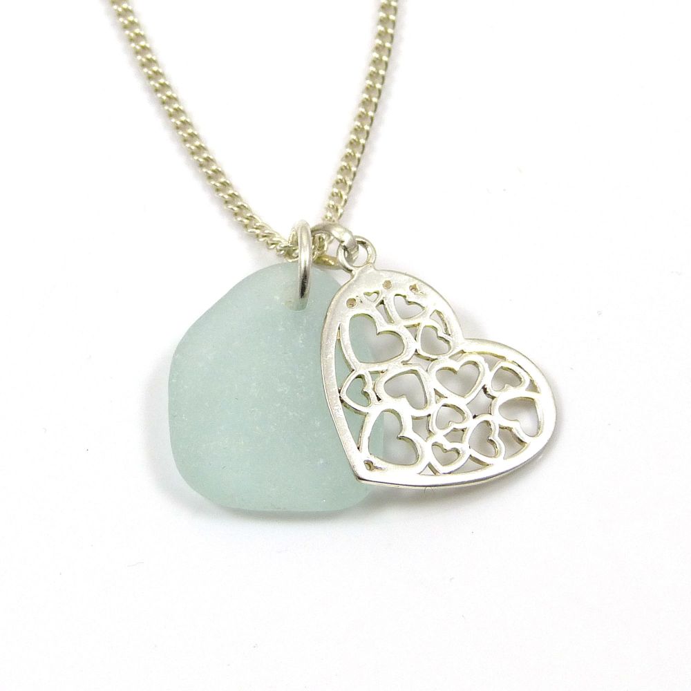 Seafoam Sea Glass and Sterling Silver Filigree Heart Charm Necklace