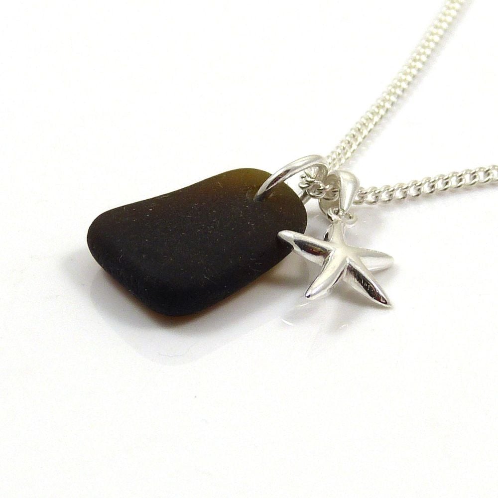 Rare Black Sea Glass and Sterling Silver Starfish Necklace