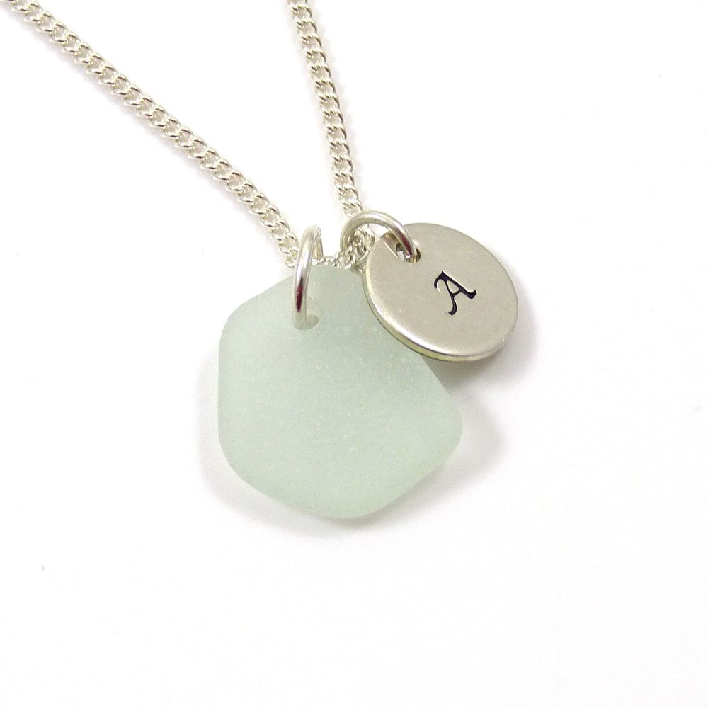 Seamist Sea Glass and Sterling Silver Initial Disc Necklace 