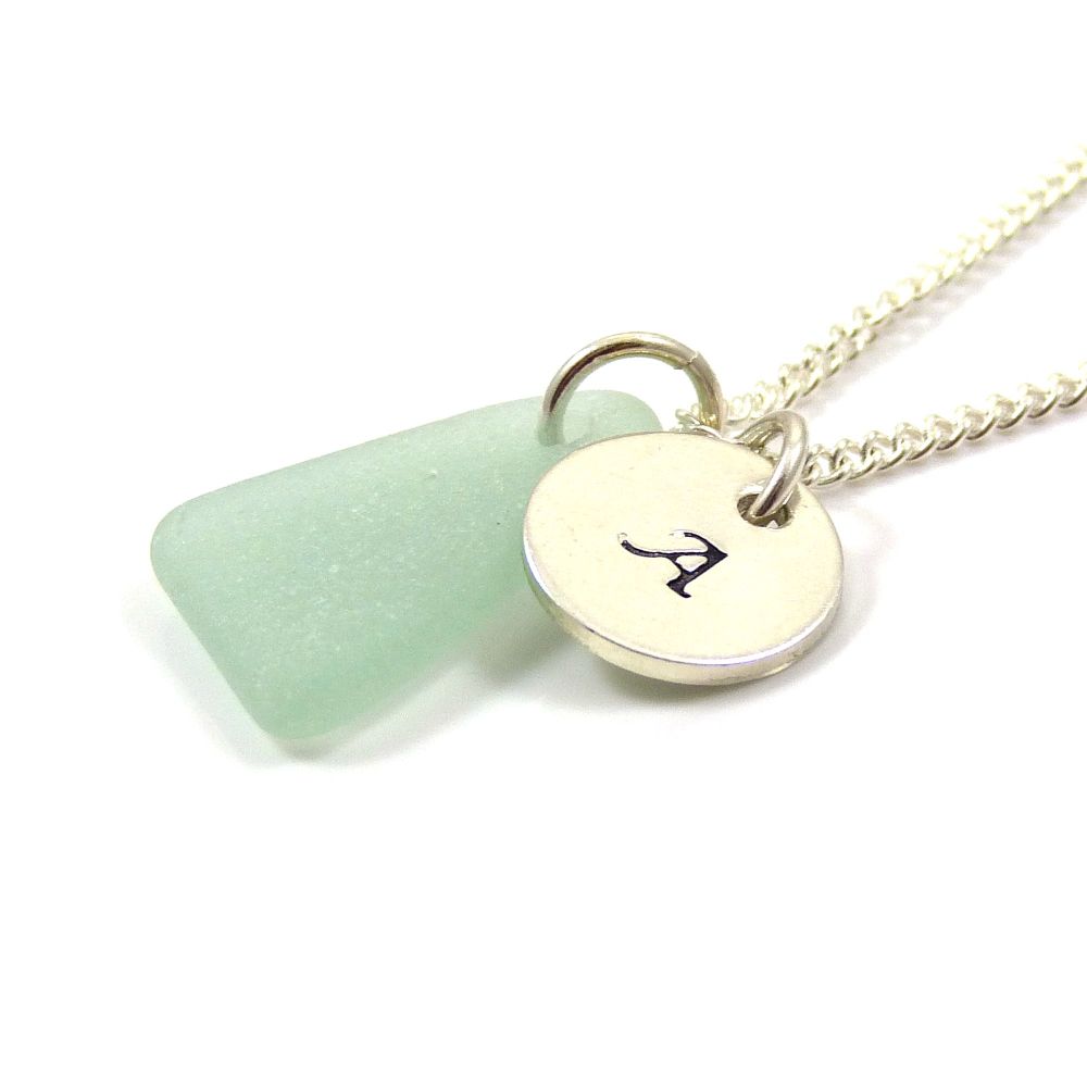 Seafoam Sea Glass and Sterling Silver Initial Disc Necklace 