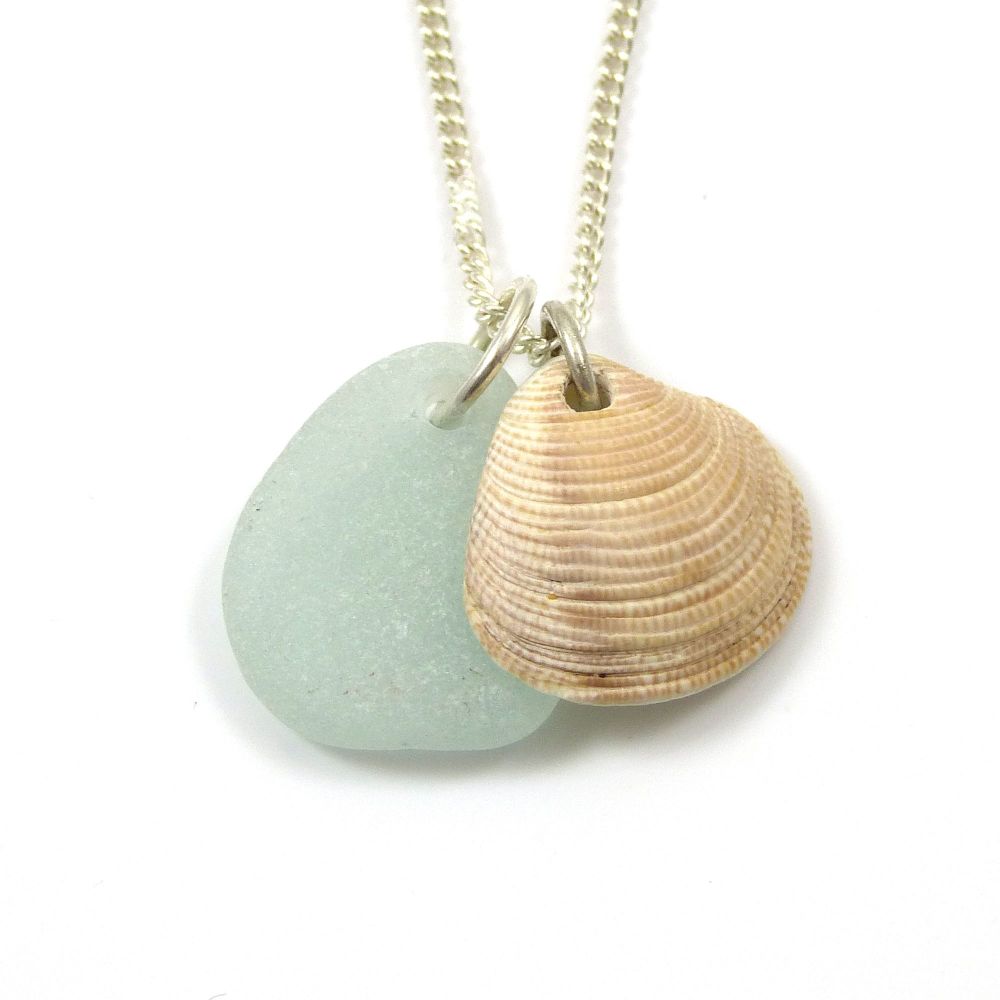 Seafoam Sea Glass and  Seashell Charms on Sterling Silver Chain