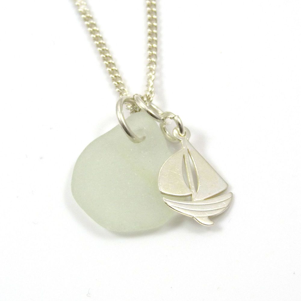 Seamist Sea Glass and Sterling Silver Boat Charm Necklace
