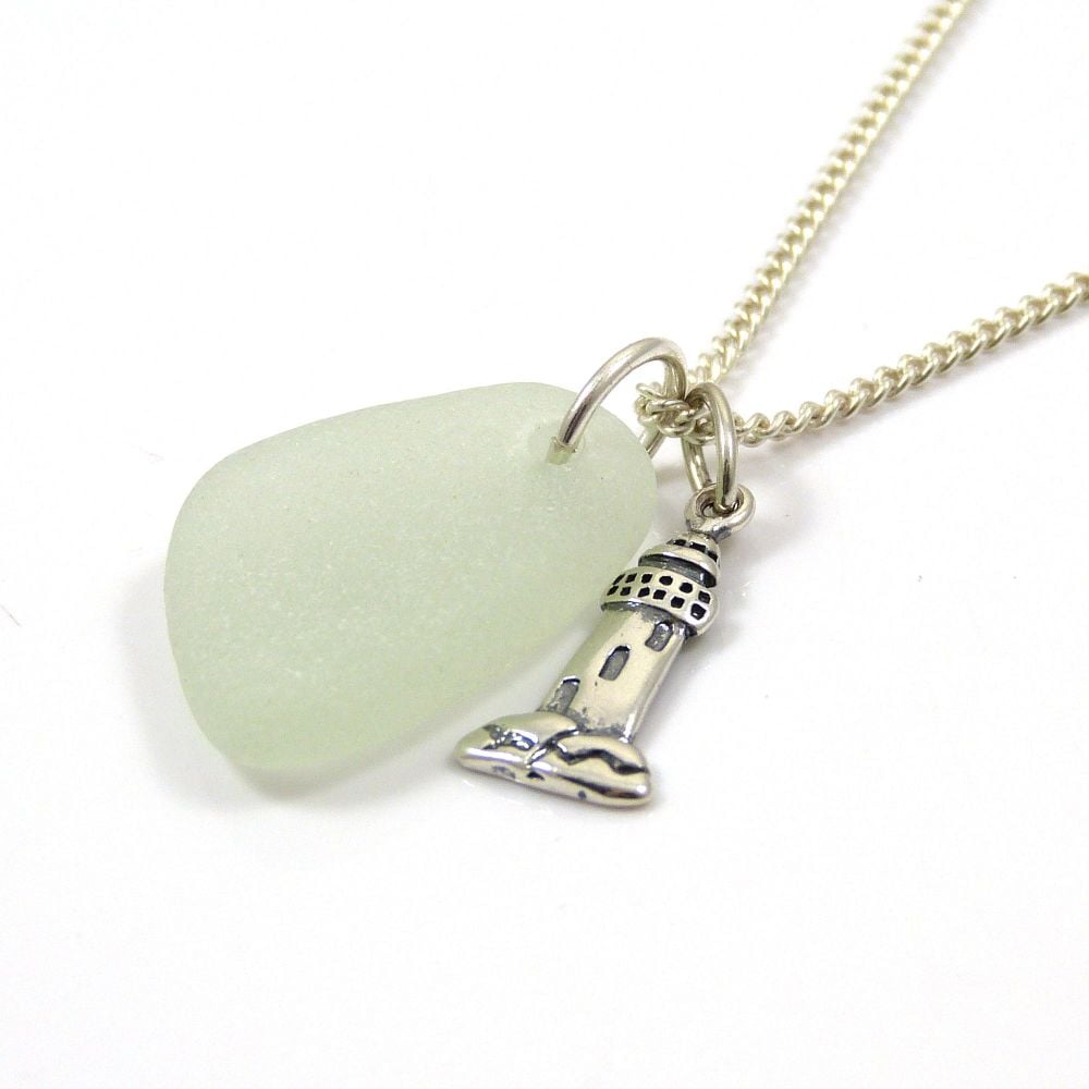 Seamist Sea Glass and Sterling Silver Lighthouse Charm Necklace
