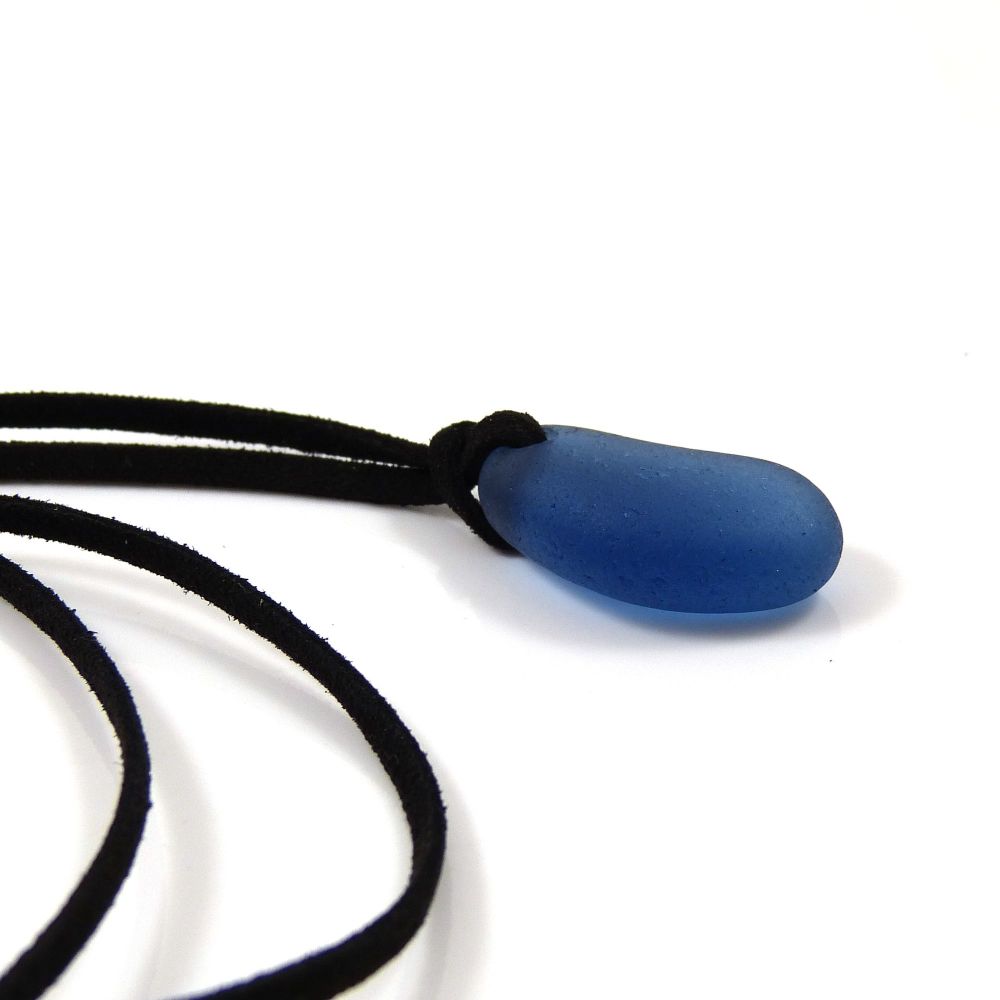 Cobalt Blue Sea Glass and Black Faux Suede Adjustable Long Beach Necklace 