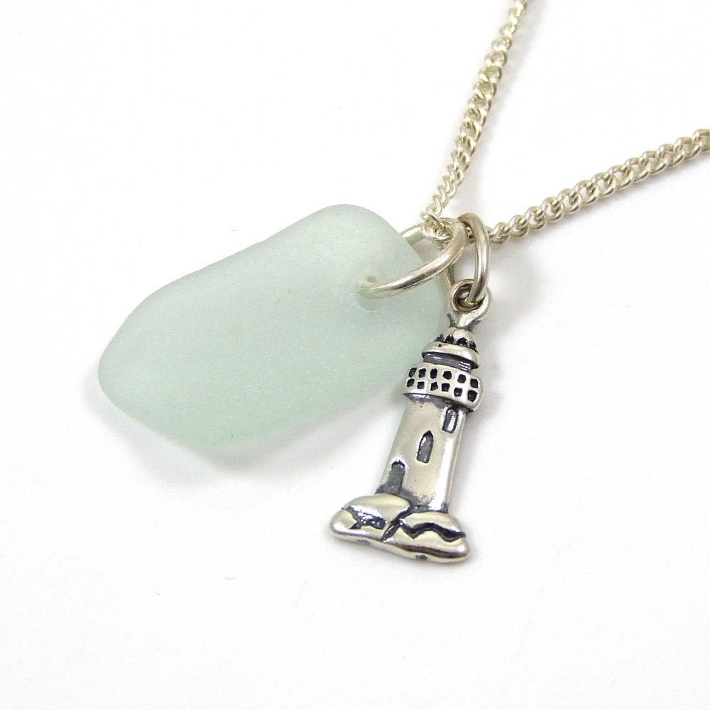Seamist Sea Glass and Sterling Silver Lighthouse Charm Necklace