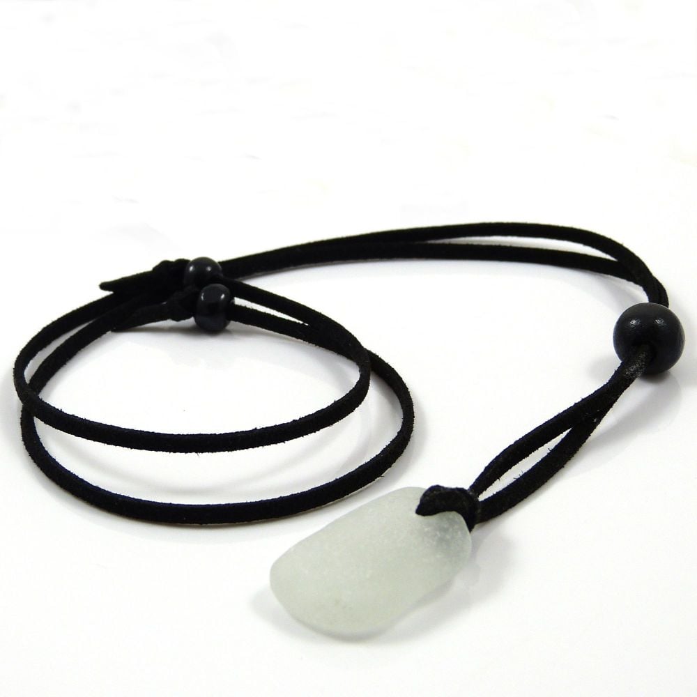 Seamist Sea Glass and Black Faux Suede Adjustable Long Beach Necklace 