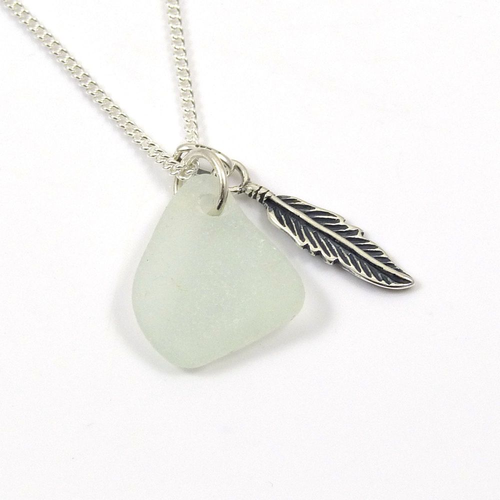 Seamist Sea Glass and Sterling Silver Feather Necklace