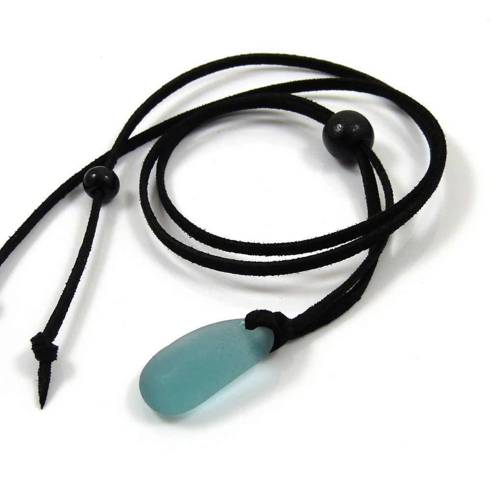 Peacock Blue Sea Glass and Black Faux Suede Adjustable Long Beach Necklace 