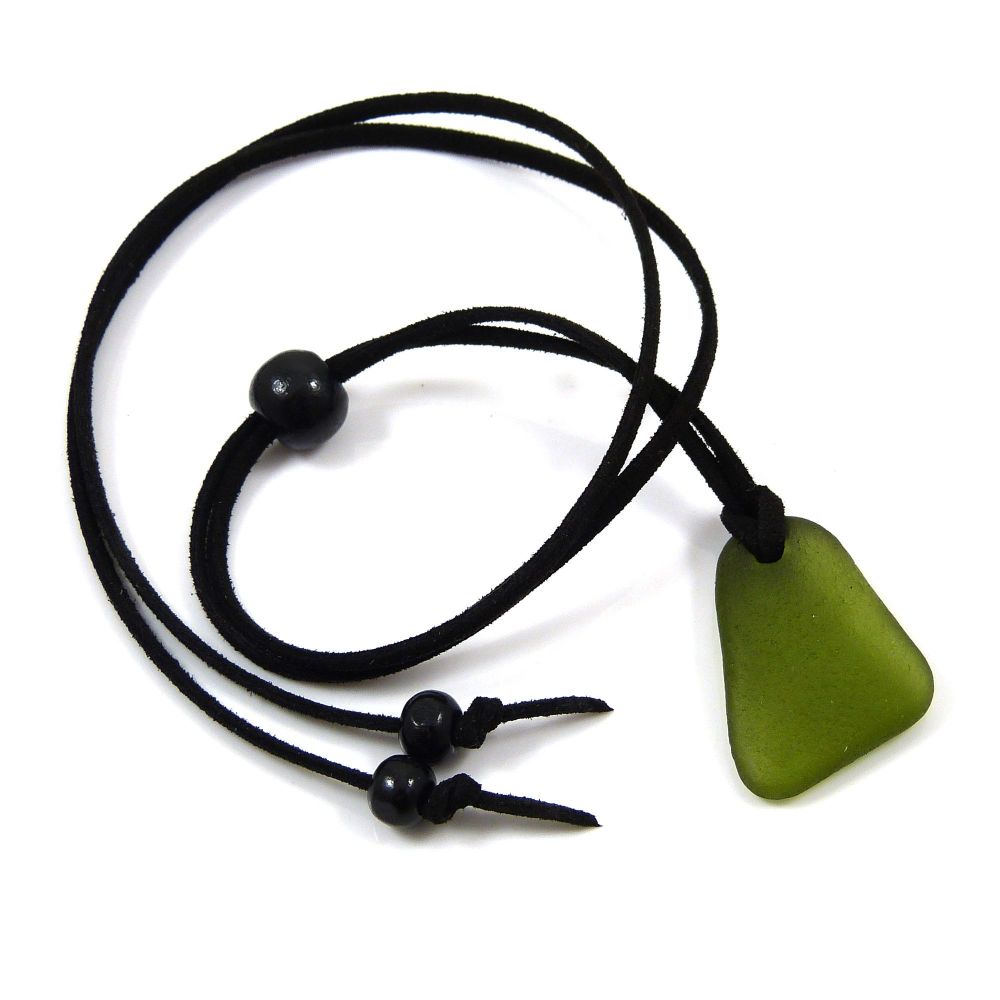 Deep Olive Sea Glass and Black Faux Suede Adjustable Long Beach Necklace 