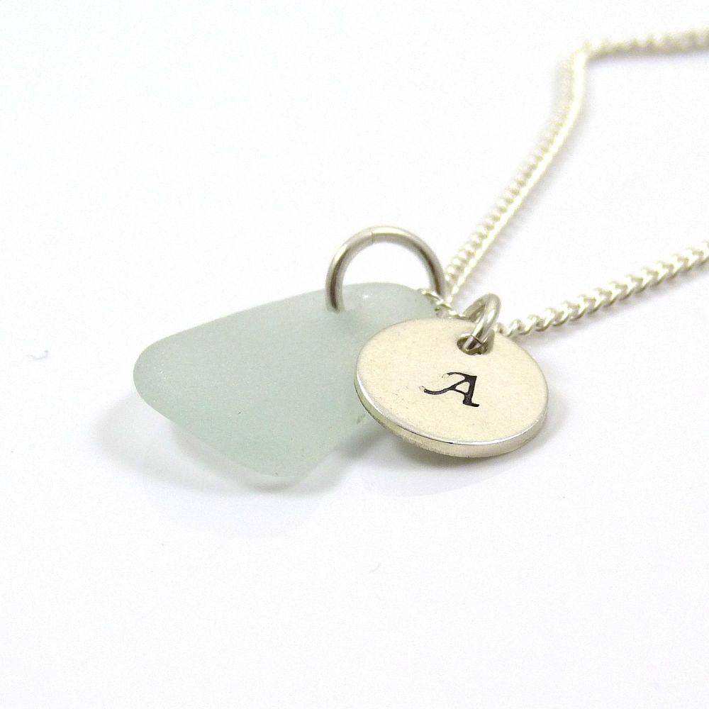 Seaspray Sea Glass and Sterling Silver Initial Disc Necklace 