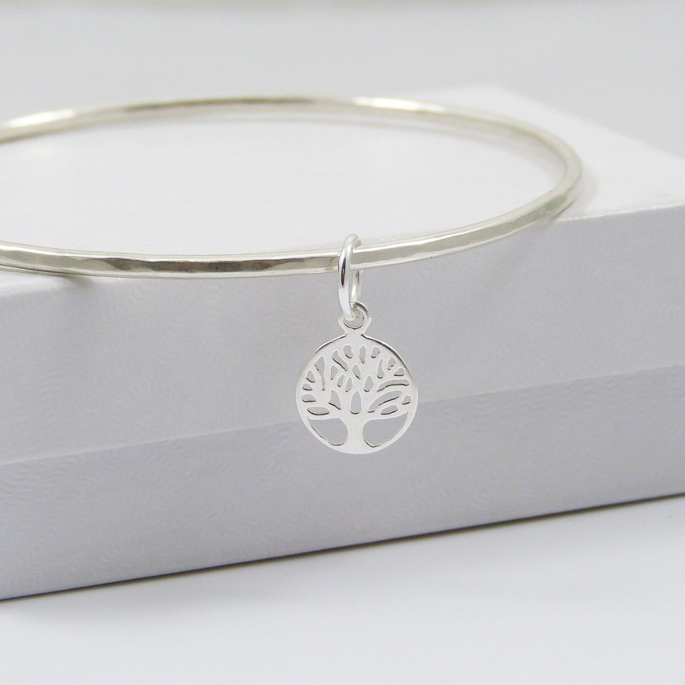 Sterling Silver Hammered Bangle with Tree of Life Charm