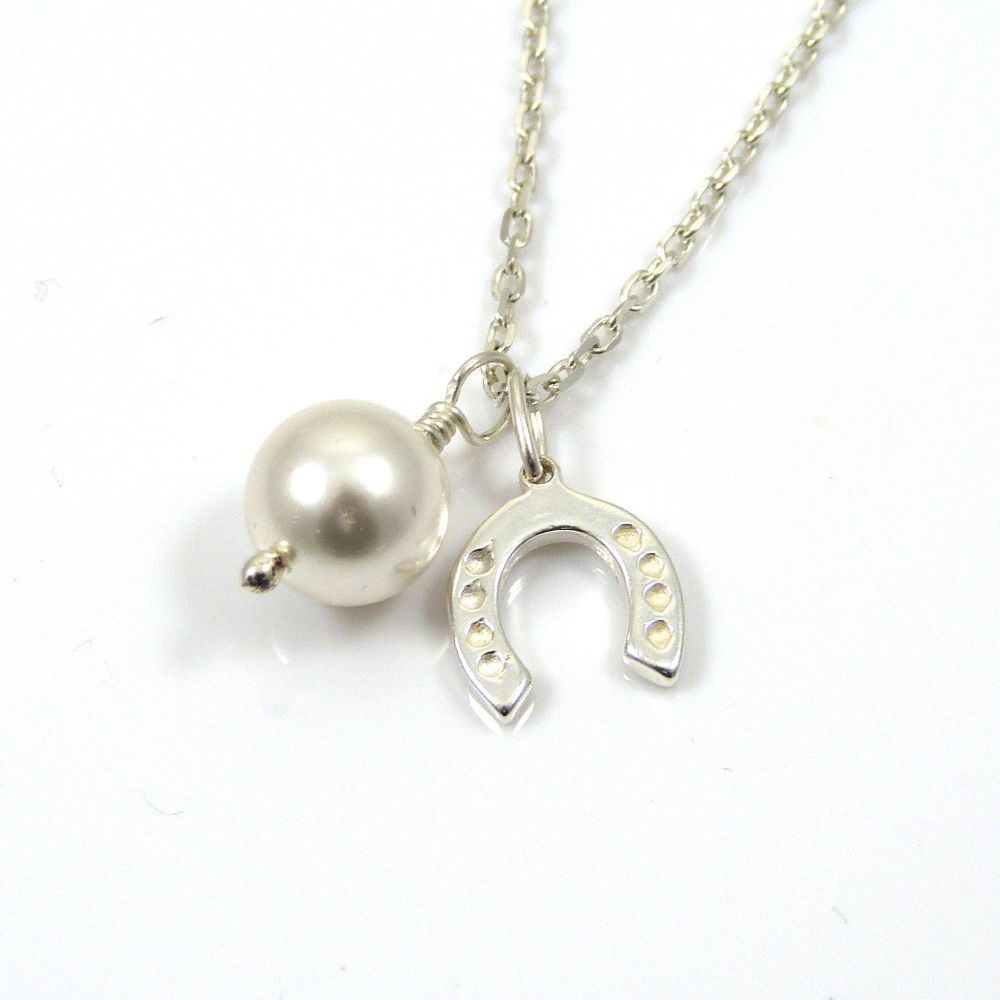 Sterling Silver Horseshoe and Swarovski Pearl Necklace - Simple - Dainty - 