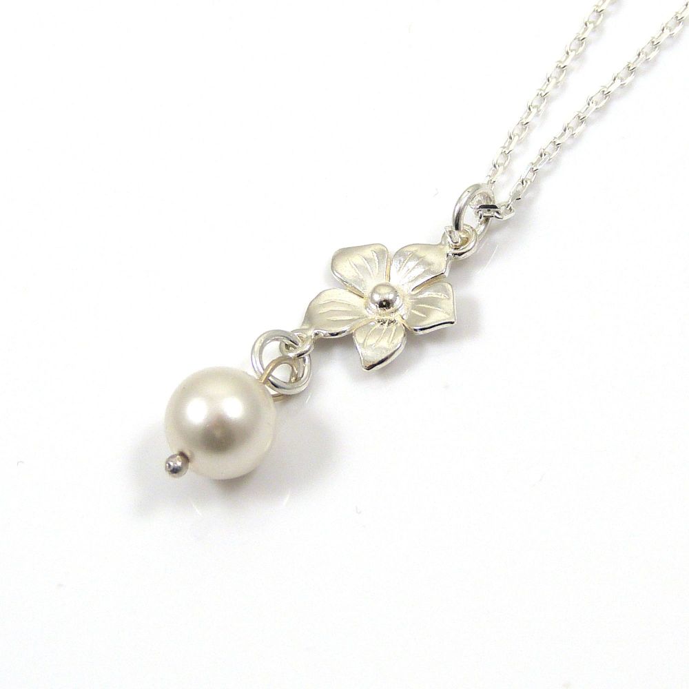 Swarovski White Pearl and Sterling Silver Flower Drop Necklace - Simple - D