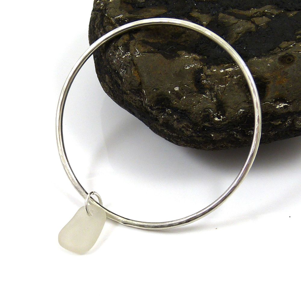 Sterling Silver Hammered Bangle and White Sea Glass Charm