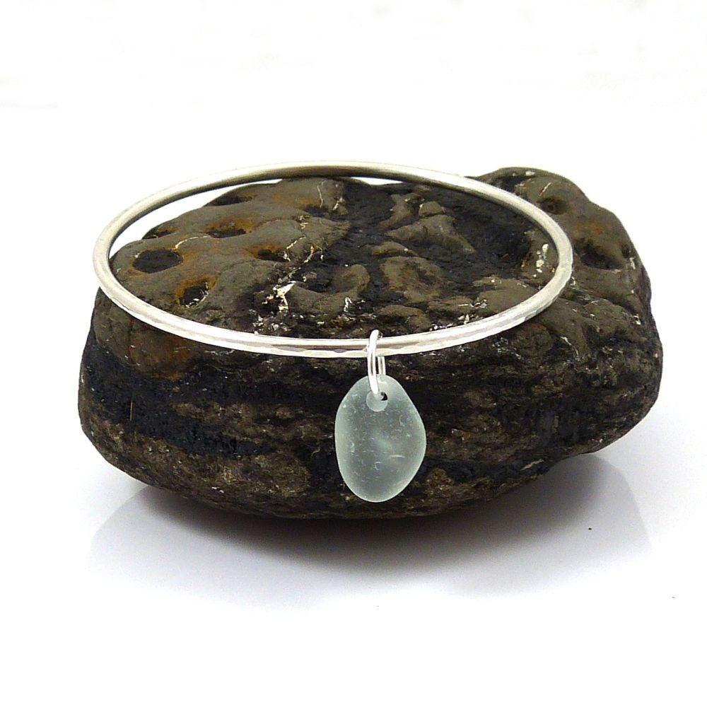 Sterling Silver Hammered Bangle with a Pale Aquamarine Sea Glass Charm