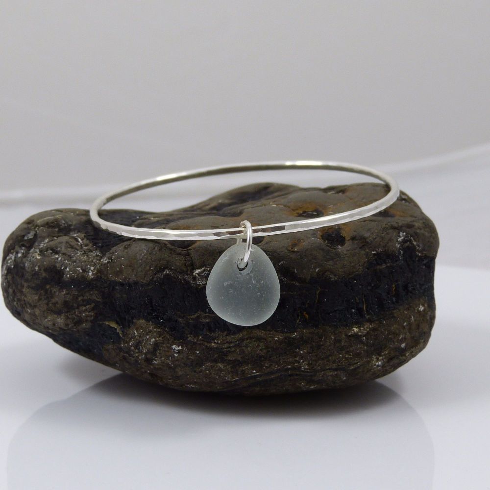 Sterling Silver Hammered Bangle with Seafoam Sea Glass Charm