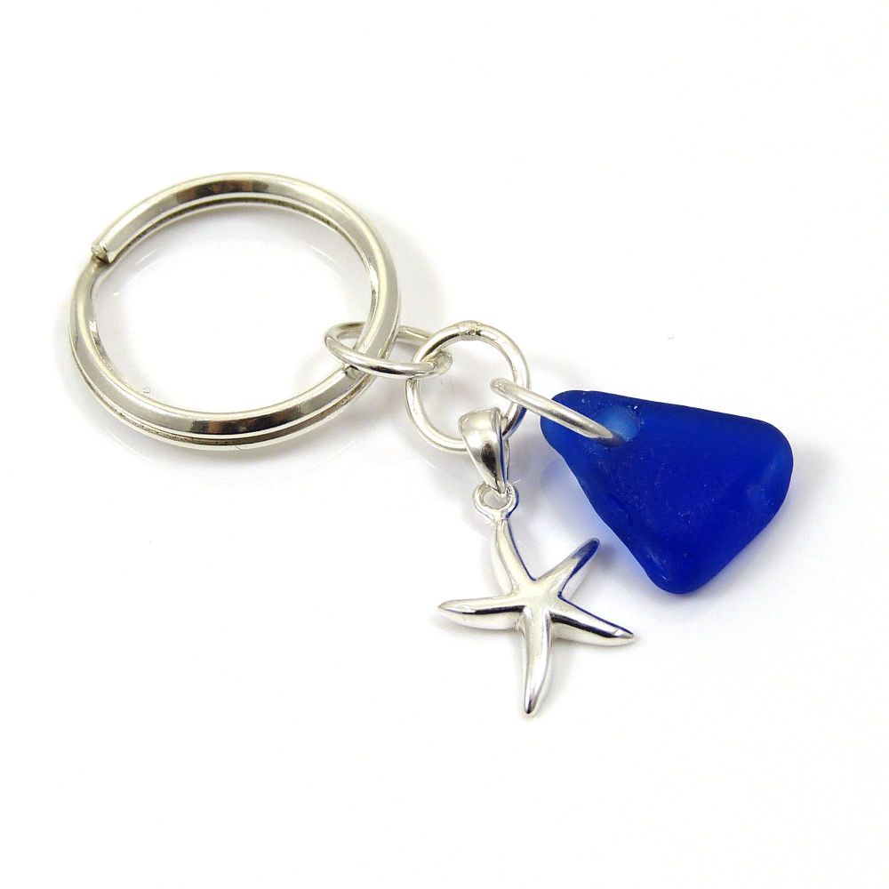 Sterling Silver Key Ring | Cobalt Blue Sea Glass | Starfish Charm | Beach A