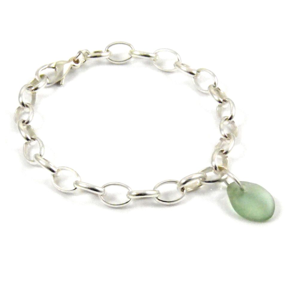 Sage Green Sea Glass and Sterling Silver Chunky Bracelet 