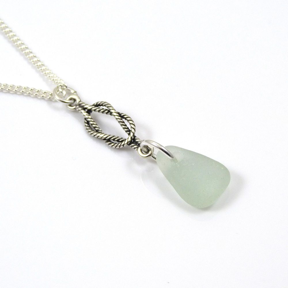 Seafoam Blue Sea Glass and Sterling Silver Twisted Rope Drop Necklace 