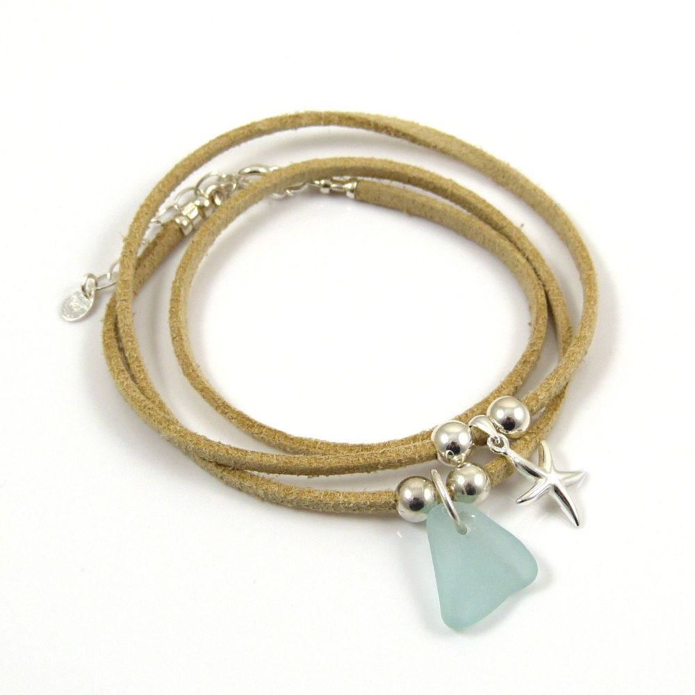 BOHO Wrap Sea Glass and Faux Suede Bracelet with Sterling Silver Charms and