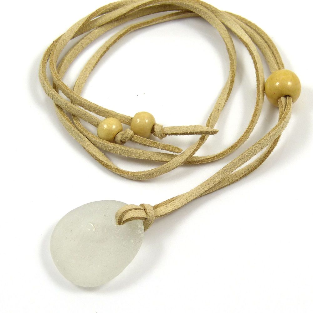 Sea Glass and Faux Suede Long Beach Necklace White Sea Glass