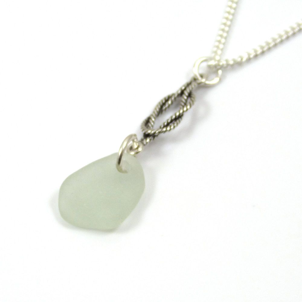 Seafoam Blue Sea Glass and Sterling Silver Twisted Rope Drop Necklace 