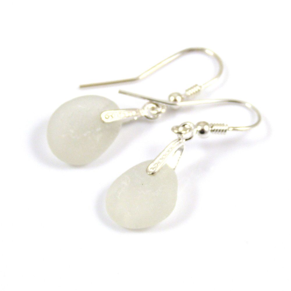 White Sea Glass and Sterling Silver Earrings 