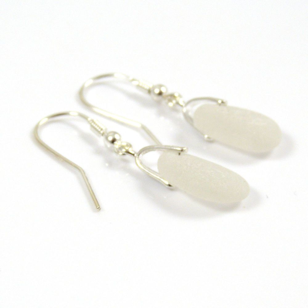 White Sea Glass and Sterling Silver Earrings  e50