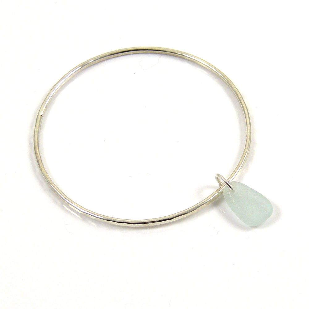 Sterling Silver Hammered Bangle and Seaspray Sea Glass Charm b207