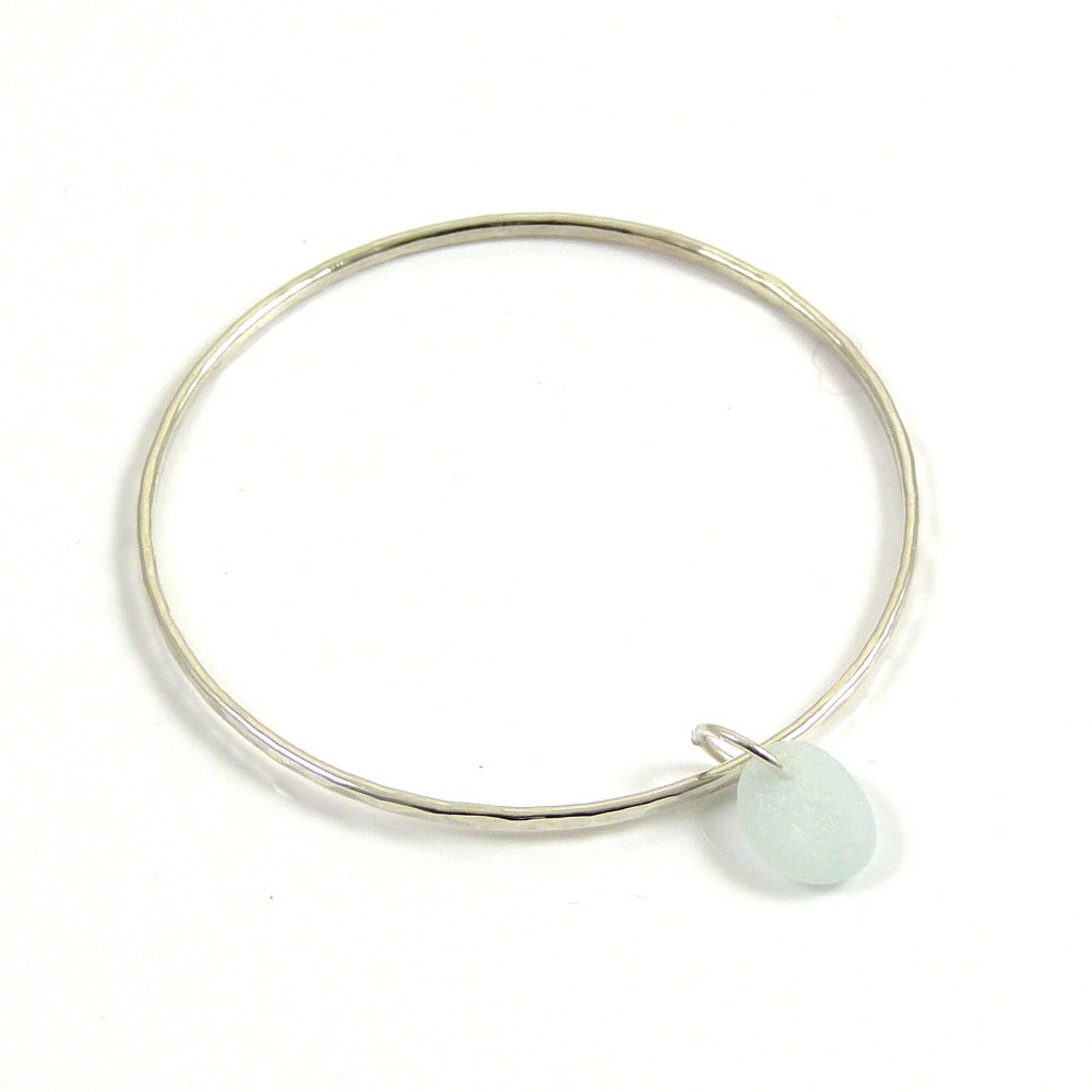 Sterling Silver Hammered Bangle and Seamist Sea Glass Charm b206