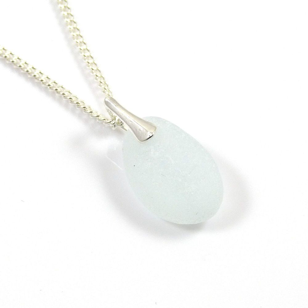Window Pane Blue Sea Glass and Sterling Silver Necklace MAI