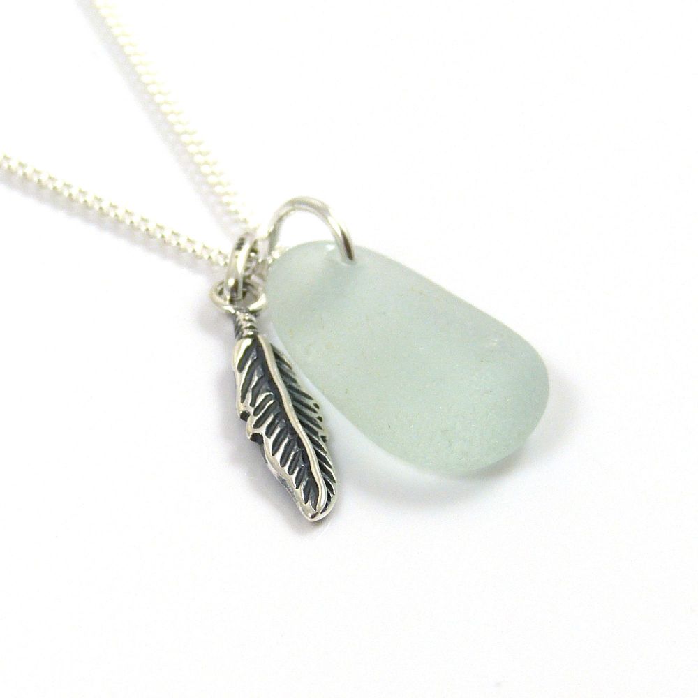 Pale Aquamarine Sea Glass and Sterling Silver Angel Feather Necklace