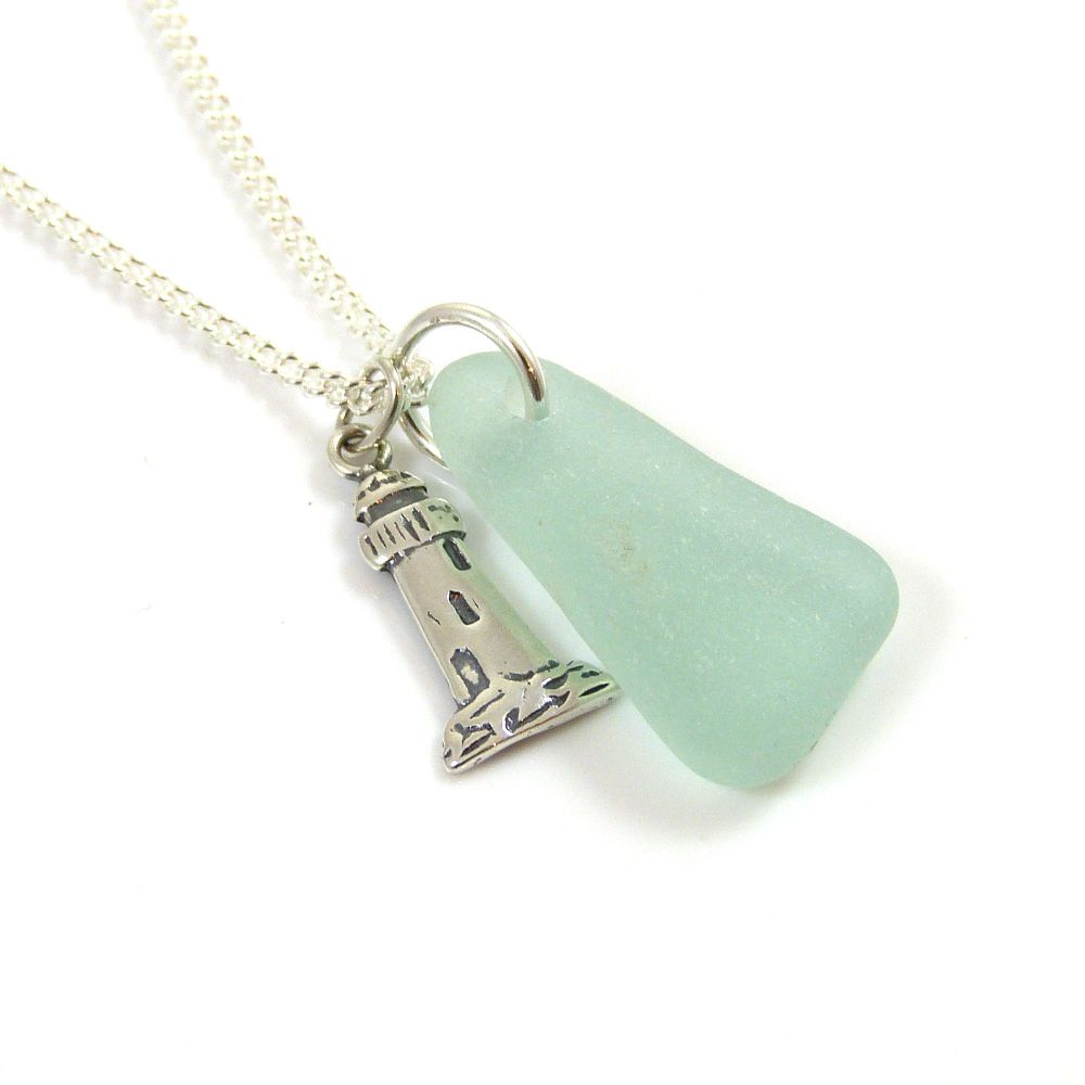 Seafoam Sea Glass and Sterling Silver Lighthouse Charm Necklace