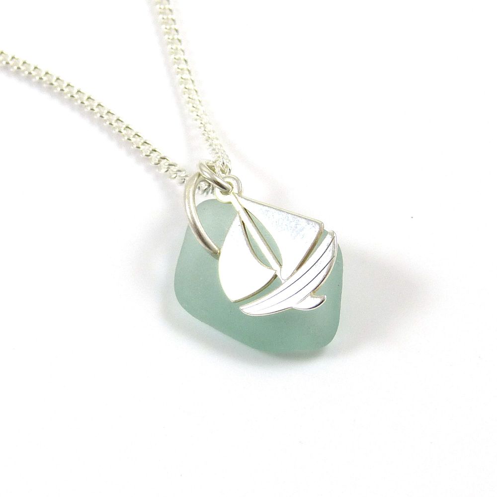Seafoam Sea Glass and Sterling Silver Boat Charm Necklace