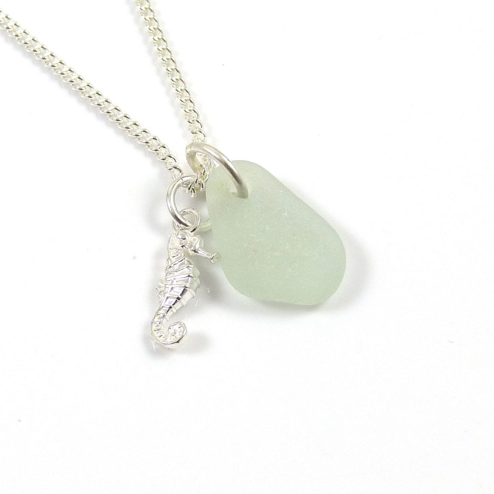 Seafoam Sea Glass and Sterling Silver Seahorse Charm Necklace