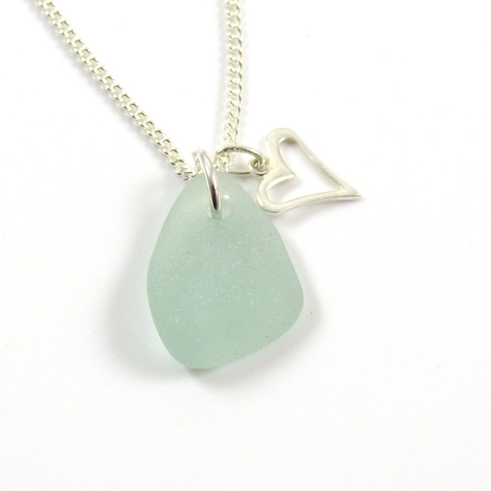 Deep Seafoam Sea Glass and Sterling Silver Open Heart Charm Necklace