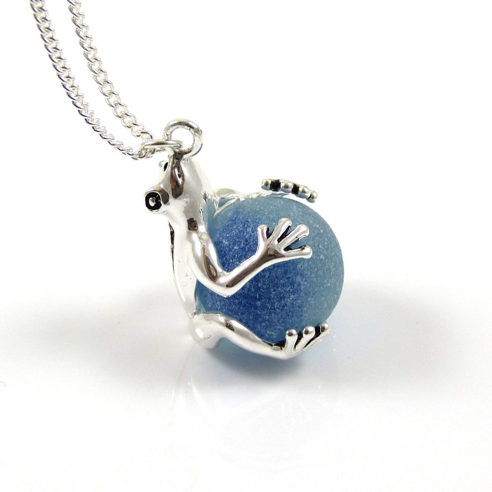 Frog with Cyan Blue Sea Glass Marble Locket 