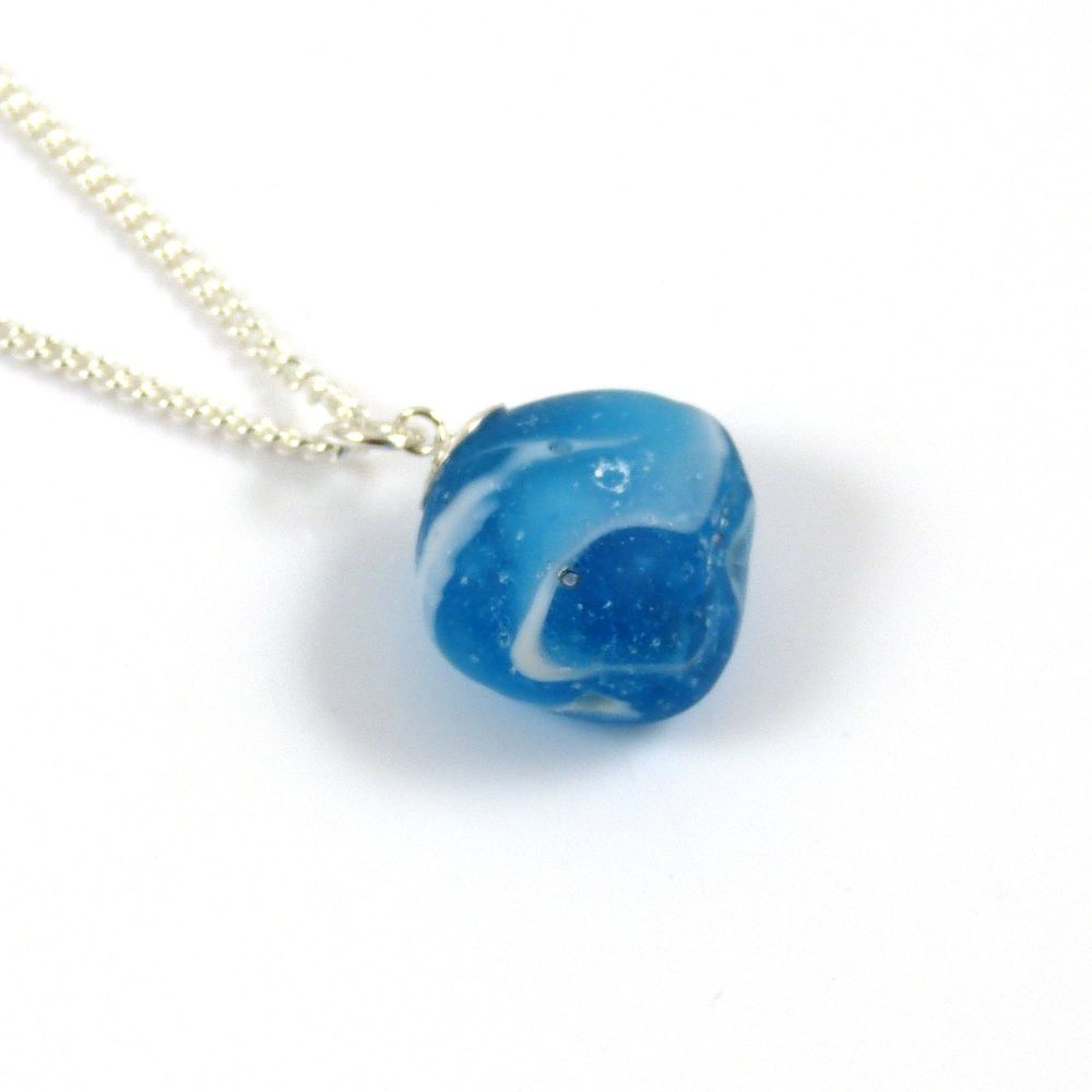 Turquoise Blue Sea Glass Marble and Silver Necklace